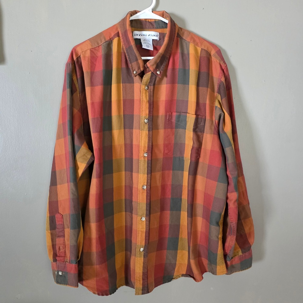 Irvine Park Mens Button Down Shirt Size XL Orange Plaid Fall Autumn Cozy